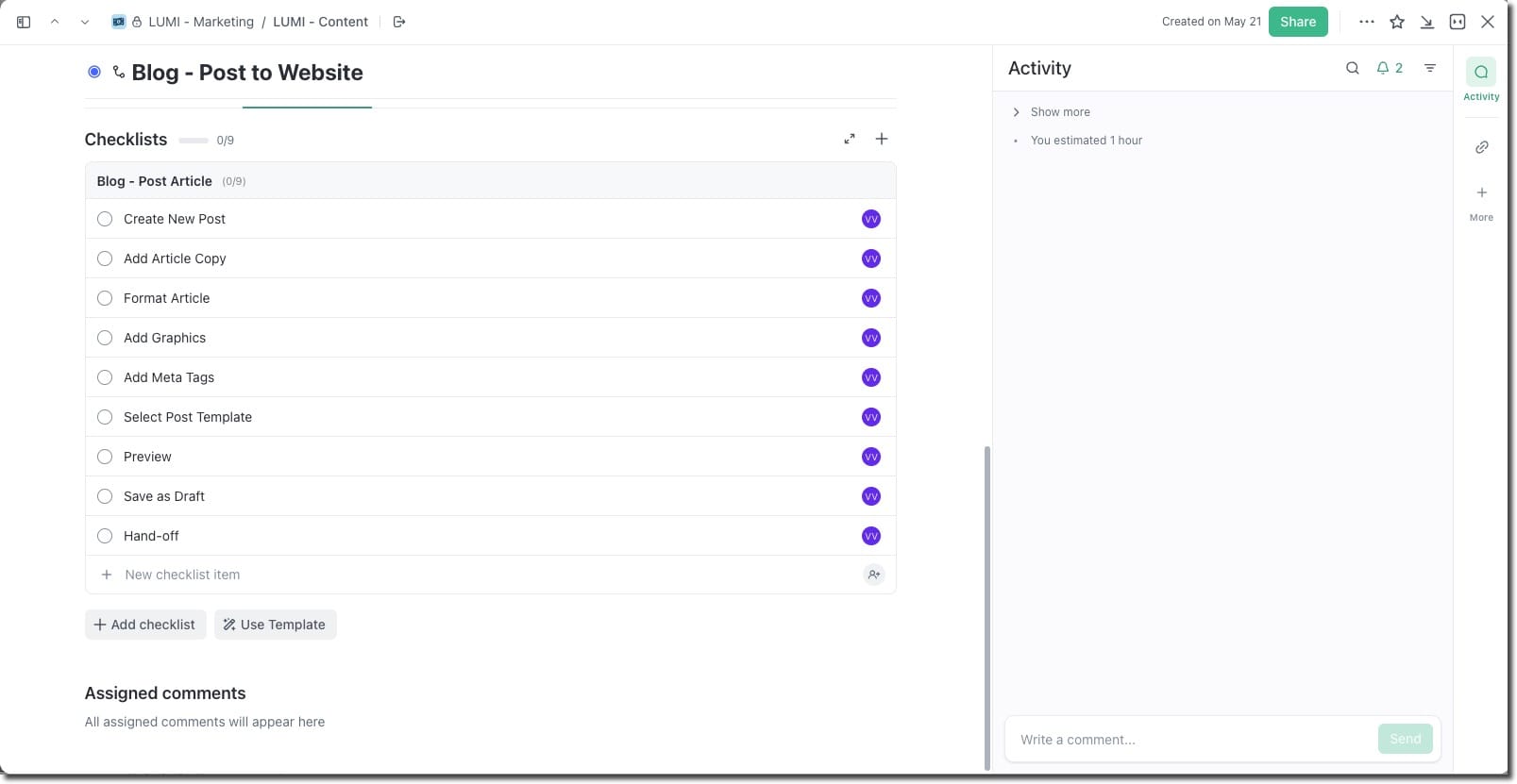 ClickUp Task template for creating and posting content. Lumikha Teams 